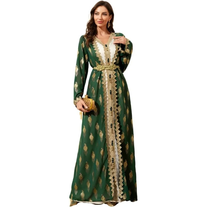 

Middle Eastern Modest Maxi Dress - Muslim Moroccan Kaftan Abaya for Women Gold Embroidered Eid Dress Islamic Traditional Wear