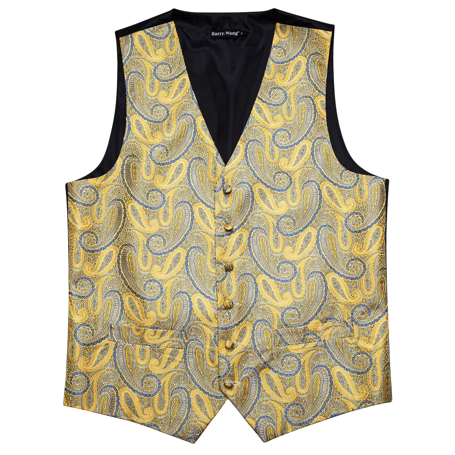 4PC Mens Extra Silk Vest Party Wedding Gold Paisley Solid Floral Waistcoat Vest Pocket Square Tie Suit Set Barry.Wang BM-2017