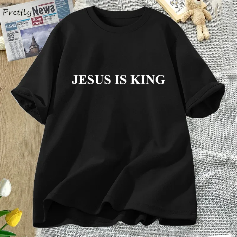 

JESUS IS KING Graphic T Shirts Christian Tshirt Sunday Service Religious Faith T-shirt Cotton Short Sleeve Female Clothing Tops