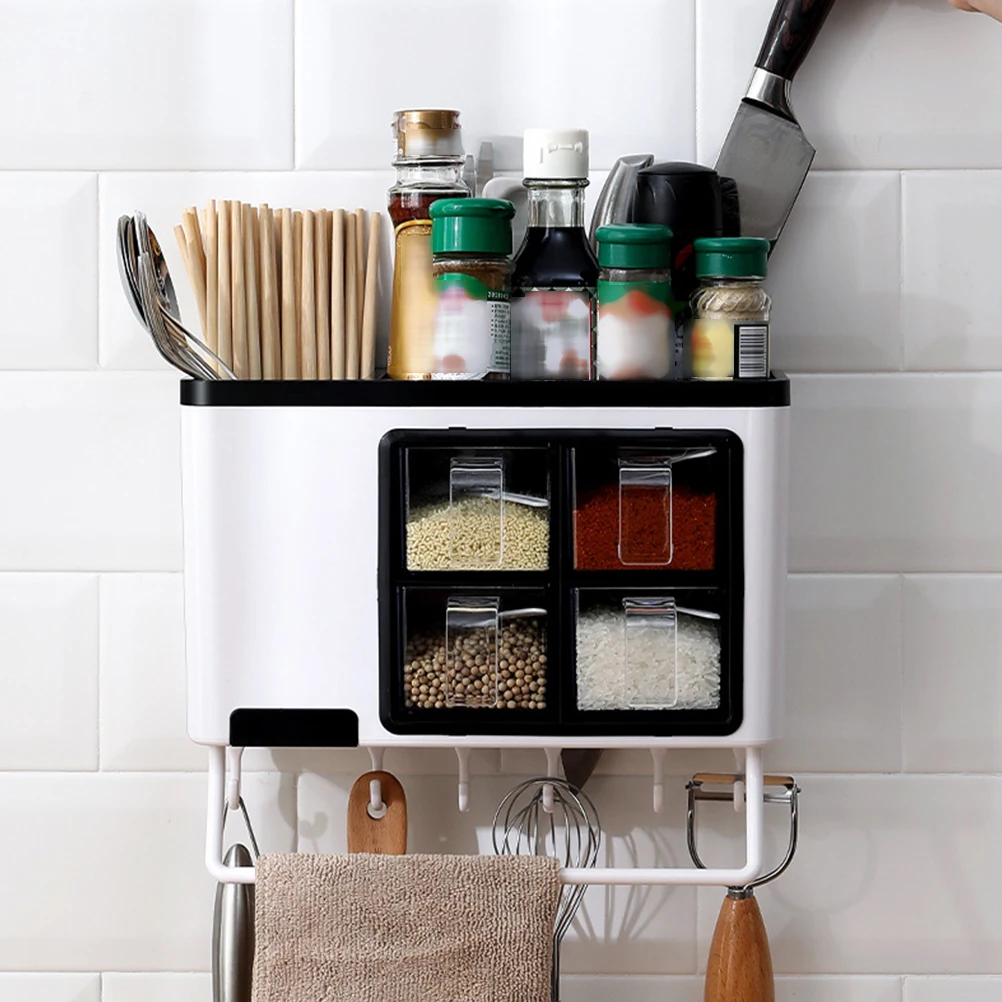 

1pc Kitchen Seasoning Box Wall Mounted Spice Storage Container Plastic Condiment Organizer Drawer Design Salt Sugar
