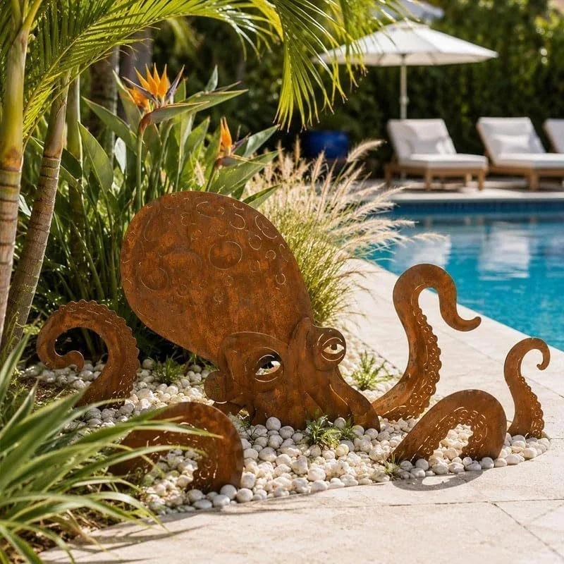 Oversized Rust Patina Giant Squid Weather Resistant Metal Garden Sculpture Kraken Yard Art For Backyard Flower Bed Decor