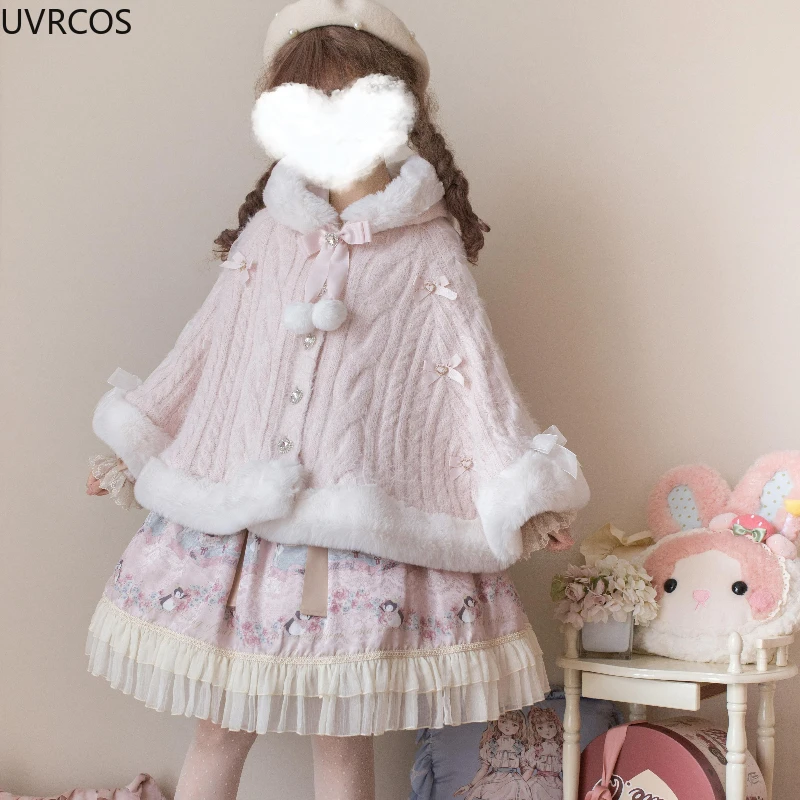 ญี่ปุ่น Kawaii Lolita สไตล์ Plush Hooded Poncho Coat ผู้หญิงหวานอบอุ่นถักเสื้อแจ็คเก็ตสั้น Vintage Elegant เสื้อคลุม Outerwear