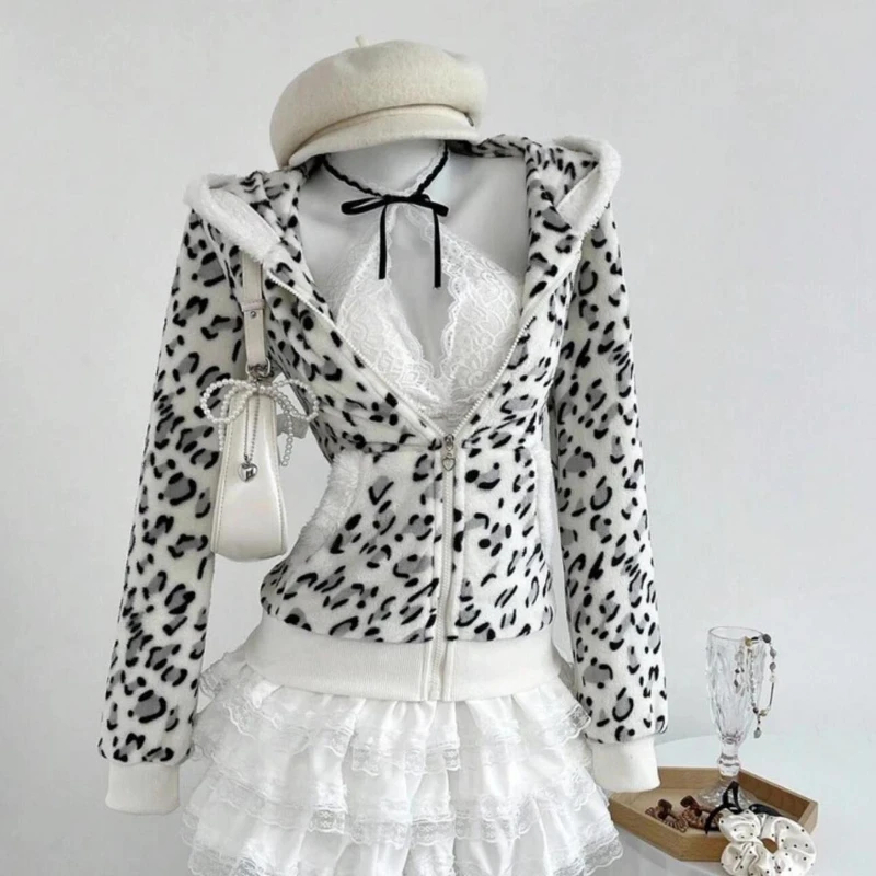 Vintage doce leopardo impressão jaqueta com capuz feminino novo design high street zip up casaco japonês kawaii bonito magro y2k roupas de outono
