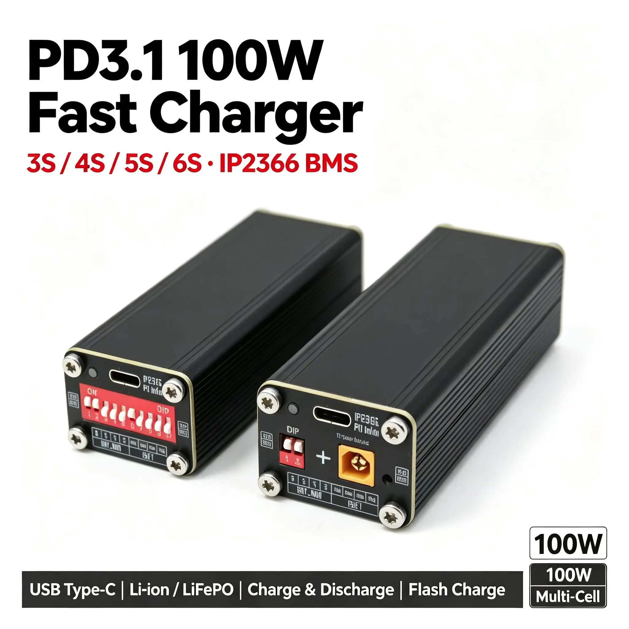 DYKB PD3.1 100W Charger/Discharger IP2366 Fast Charging 3S 4S 5S 6S lithium battery BMS charger USB TypeC LiIon/LiFePO flash