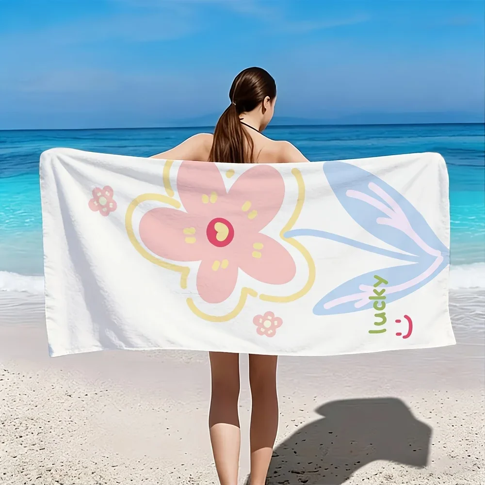 2D Flat, 1pc, Pink Floral Illustration with Lucky Text and Joyful Face Beach Towel, Soft and Skin-friendly, Non-shedding Easy to