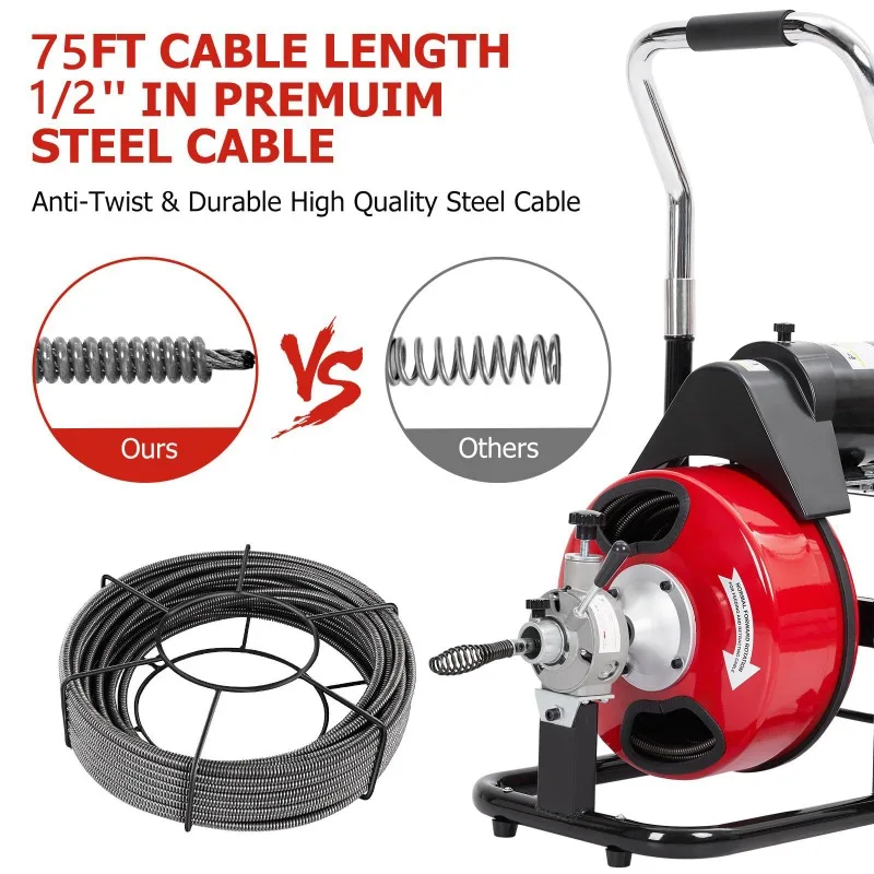 Professional Sewer Drain Cleaning Machine Sewer Drain Auger Pipe Cleaner with 4 Replaceable Cutters and Convenient Foot Switches