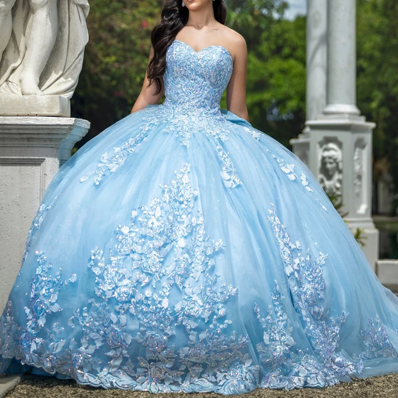 

Sky Blue Shiny Quinceanera Dress Ball Gown Off The Shoulder Lace Applique Beaded Tull Corset Sweet 16 Vestido De 15 Anos