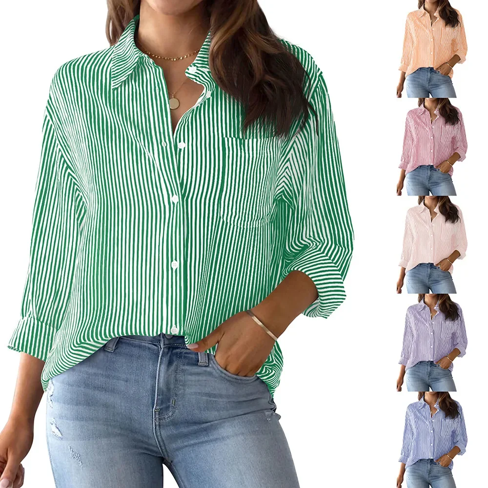 

Autumn New Versatile Striped Women Buckle Blouses Fashion Collar Lady Office Work Shirt