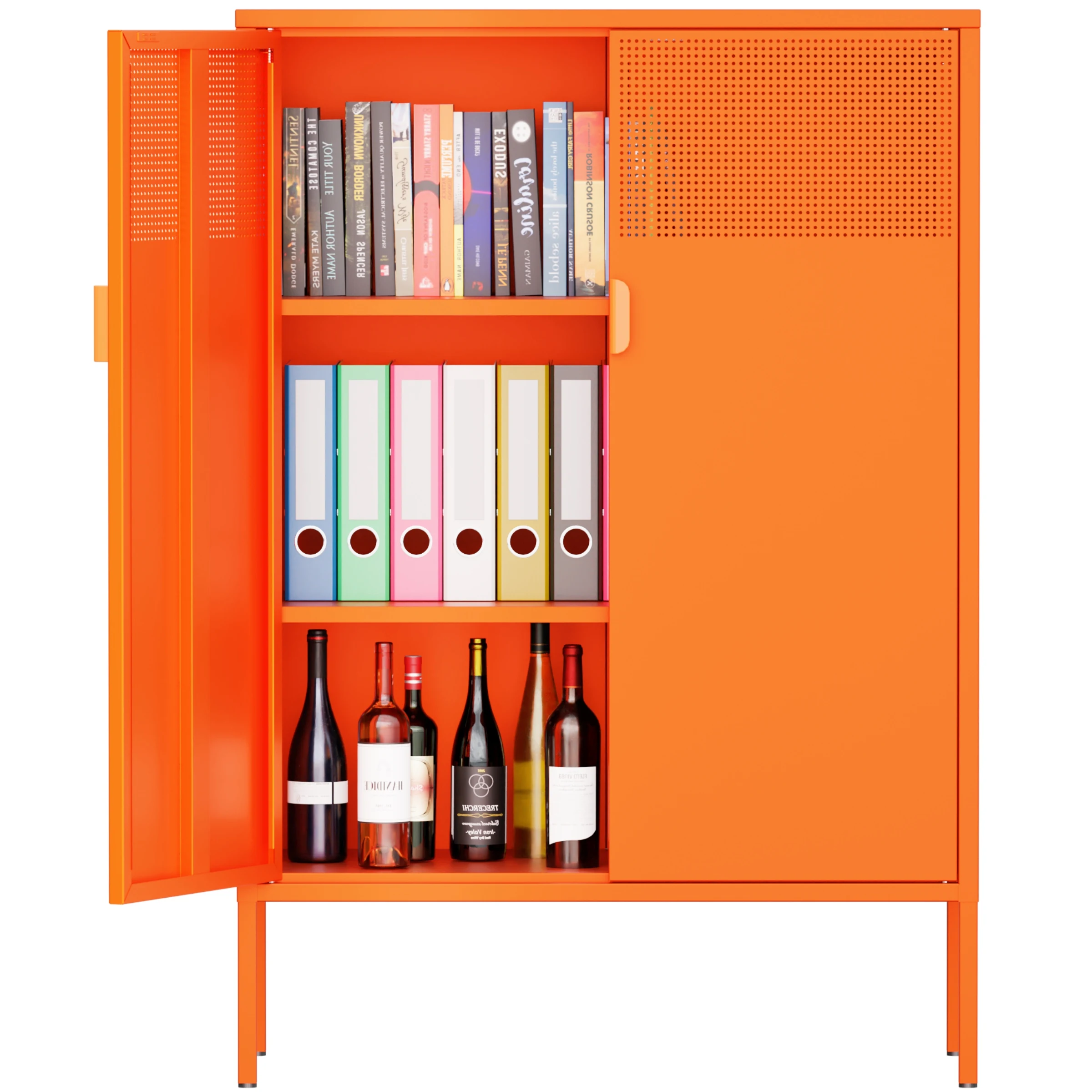 Orange 3 Tier Metal Storage Cabinet with Legs, 2 Door Metal Locker for Home, Office, Entryway and Hallway