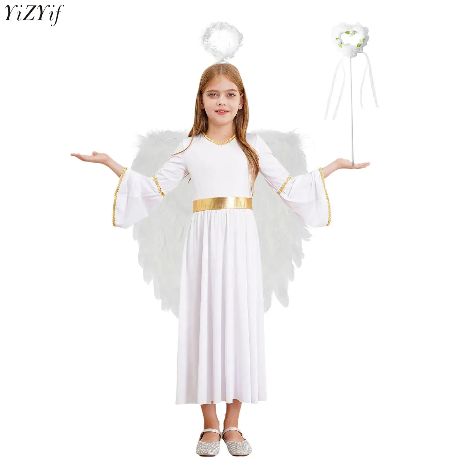 

Girls Angel Cosplay Costume Angel Dress Long Sleeve Gold Trim Patchwork Dress Gowns for Theme Party Stage Performance Role Play