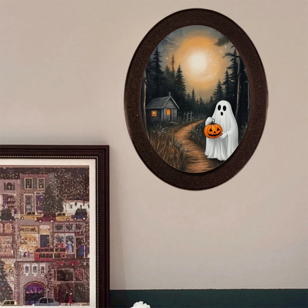 إطار صورة بيضاوي أسود عبر الحدود مع رسم توضيحي لفانوس اليقطين يحمل الأشباح، مناسب لديكور الهالوين، إنشاء بلدي