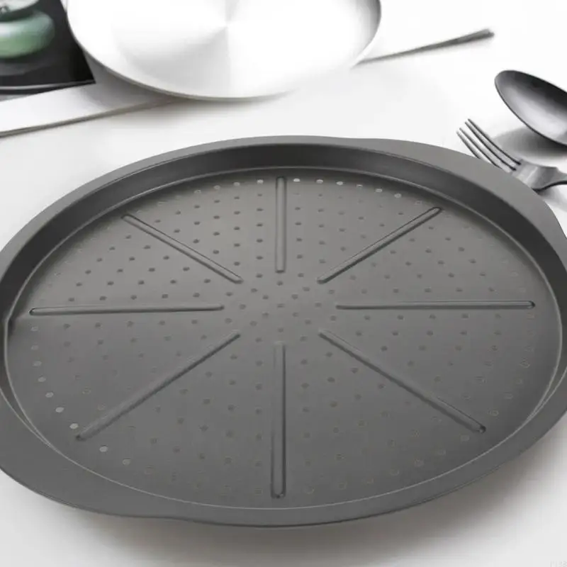 F19B Round Carbon Steel Baking Pan 15Inch Perforated Design Nonstick Coating Heat Resistant Handle Pizza Making Sheet Tray