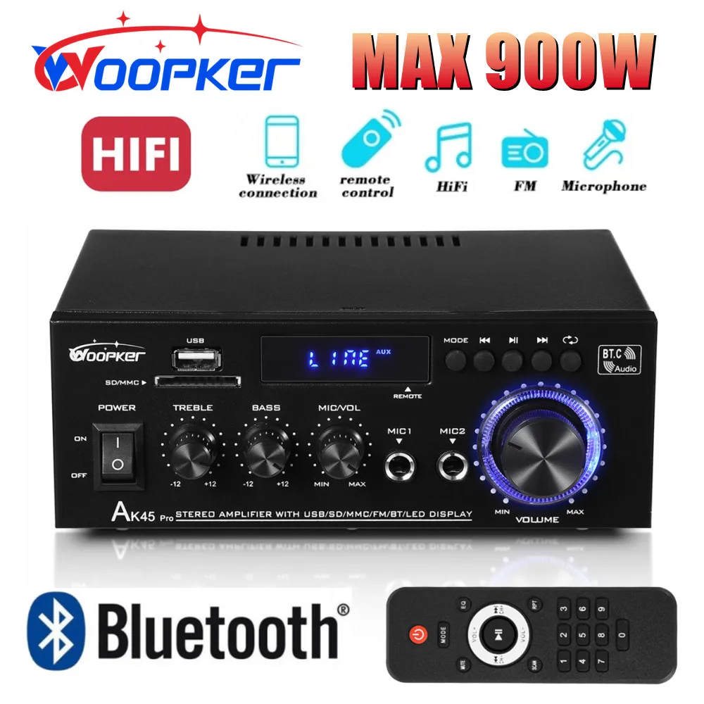 

Woopker HiFi Digital Amplifier AK45 Pro Max Power 820W Bluetooth Channel 2.0 Home Power AMP Speaker Support FM USB MIC Remote