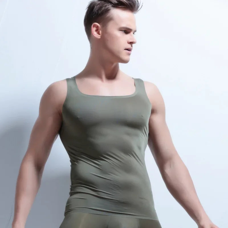 Men's Simple Tank Tops Ice Silk Seamless Breathable Comfy Sportswear Sleeveless Slim Fit Tight T-shirt Quick Drying Elastic Vest