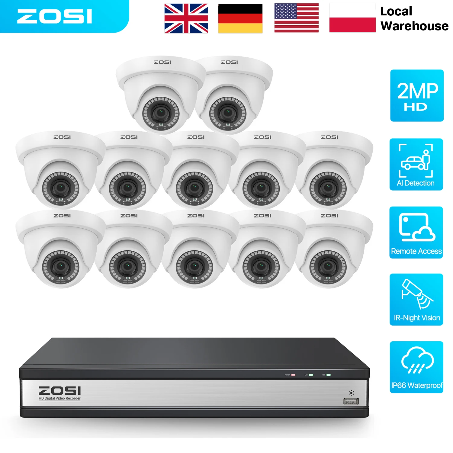 Sistema di Telecamere di Sicurezza ZOSI a 16 Canali con Rilevamento AI, DVR 3K Lite H.265+, Telecamere Dome CCTV 1080p per Esterni e Interni