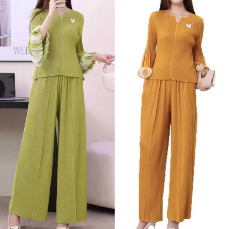 

Miyake Pleated Pants Set 2025 High-grade Pleats Large Size Suit Autumn New Loose Casual Pants Solid Color Women's 2-piece Suit