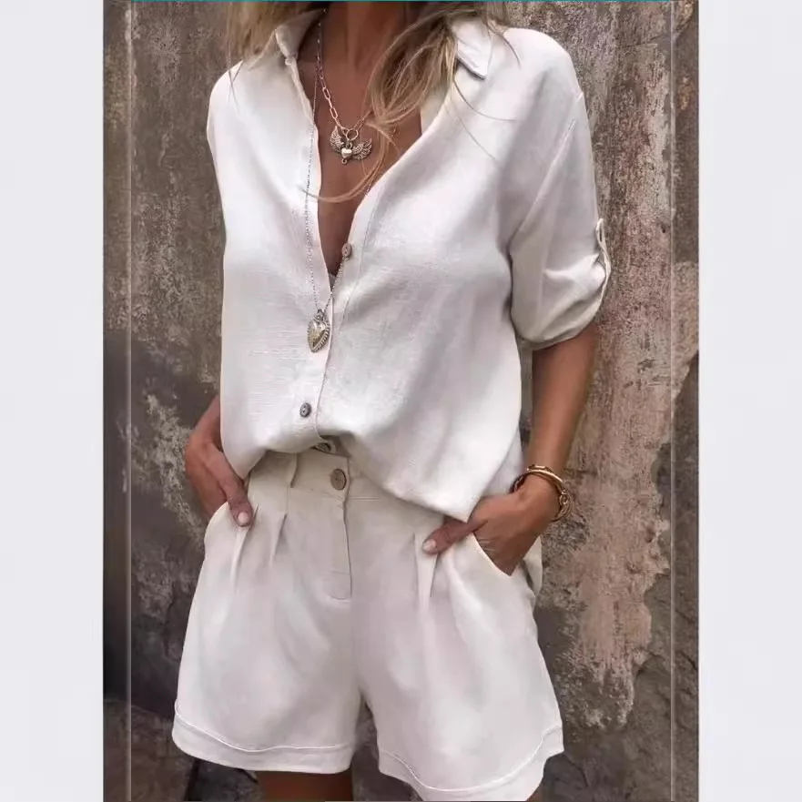 Elegant 2-Piece Sets For Women Womens Cardigan Shirt Top Summer Solid Color Casual Shorts Two Piece New In Matching Sets