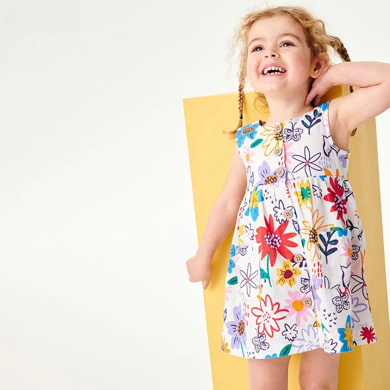 

New Summer Baby Girls Floral Dresses Kids Clothes Toddler Girls Sleeveless Graffiti Dress for Picnic Party Children's Clothing