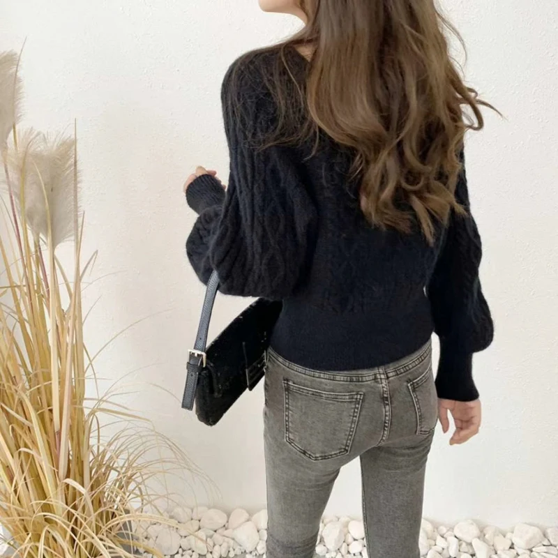 Sweter damski dziergany, pulowery, nowy, długi rękaw, kwadratowy dekolt, sweter dziergany, pulower damski, topy, swetry, sueter damski Q1439