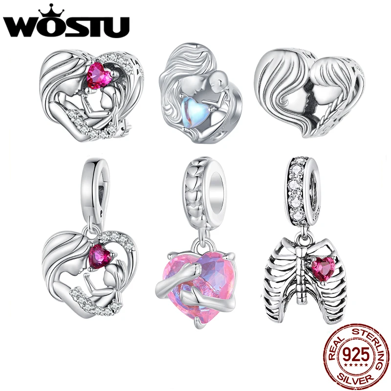 

WOSTU 925 Sterling Silver Heart Shape Charms Pendant Red CZ Affinity Bead Fit Original Bracelet DIY Necklace Family Jewelry Gift