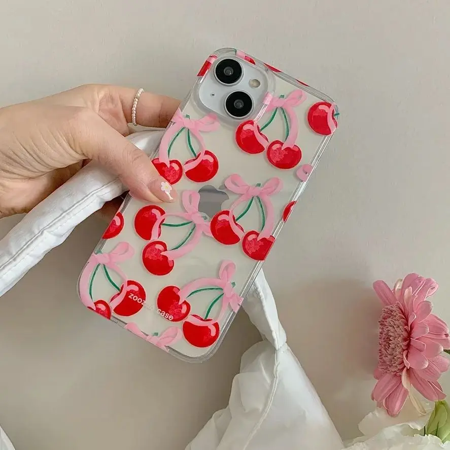 Ins Summer Red Cherry Shockproof Phone Case For iPhone 15 14 13 12 11 Pro Max XR XS Max 7 8 Plus MINI Y2K Cartoon Cute Cover