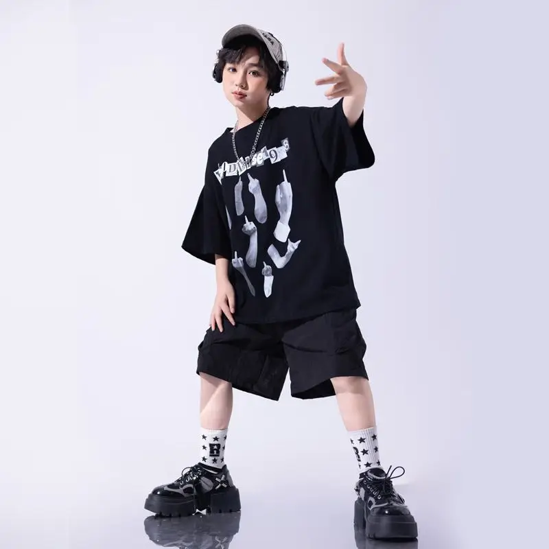 ملابس رقص هيب هوب مراهقة ، قمم فضفاضة لرقص الشوارع للأولاد ، سراويل بضائع سوداء ، زي أداء لموسيقى الجاز للفتيات