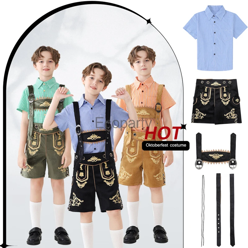 男の子のためのバーバリアンフェスティバルパーティーコスチューム、子供のステージパフォーマンスウェア、子供のためのシャツ付きの伝統的なドイツのオクトーバーフェストビブパンツ
