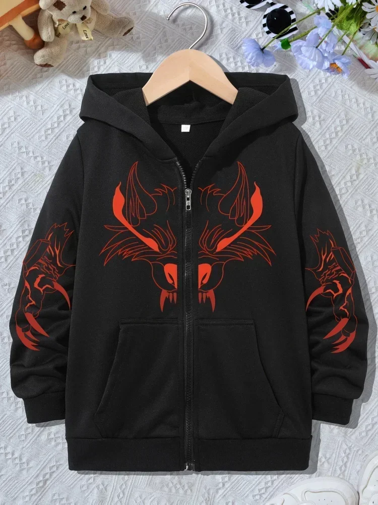 Boys Purple Full Zip Hooded Coat Trendy Red Dragon Graphic Soft Long Sleeve Daily Outerwear For Children