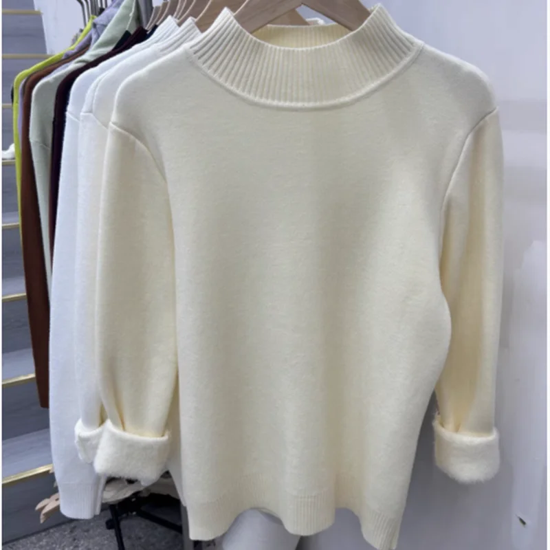 

New Casual Pullover Knitted Sweater Autumn Winter Solid Color Warm tops Velvet Semi High Neck Women's Versatile Simple Clothing
