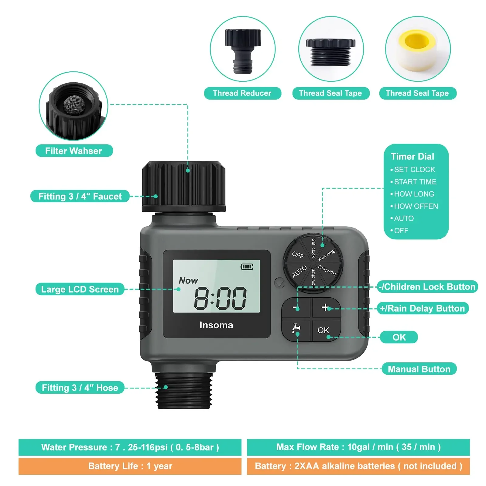 INSOMA Automatic Water Timer Intelligent Irrigation Watering System LCD Display IPX5 Sprinkler Timer Garden Programmer Equipment