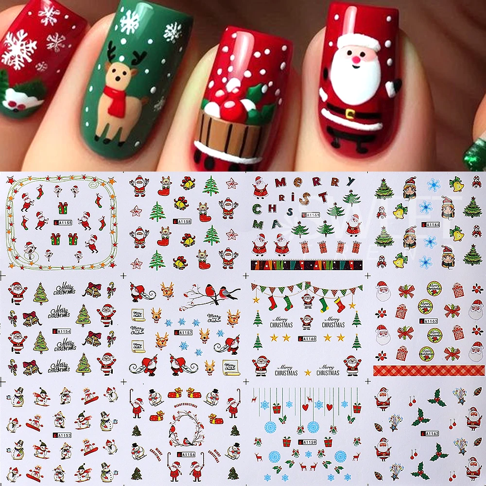 2장 - 24가지 디자인 겨울 크리스마스 네일 스티커 워터 트랜스퍼 데칼 엘크 산타 펭귄 눈송이 슬라이더 매니큐어 장식용