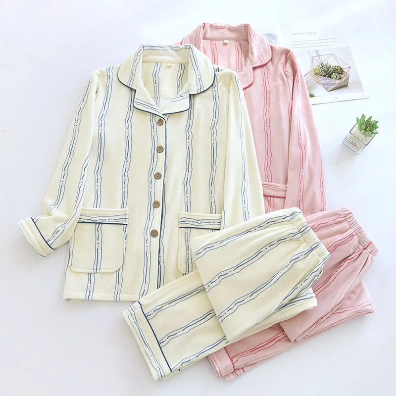 Women's Striped Print Coral Fleece Pajama Set Sweet Fleece Winter Warm Sleepwear Cozy Comfortable Flannel Homewear