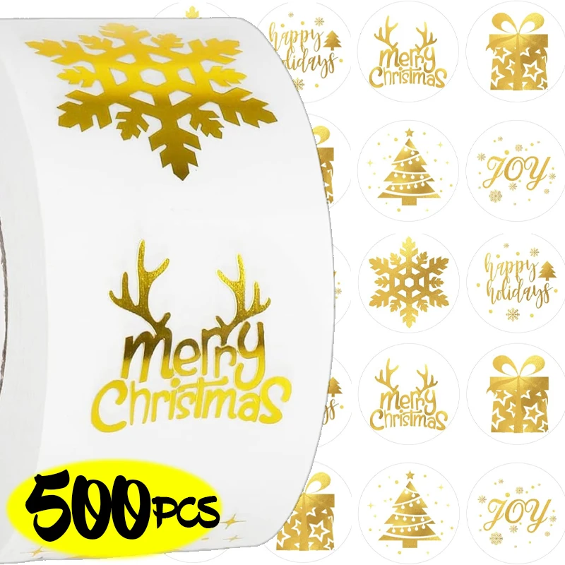 500Pcs/Roll Christmas Gold Foil Sealing Stickers Snowflakes Labels Envelop Candy Bag Lables for Baking Gift DIY Scrapbooking