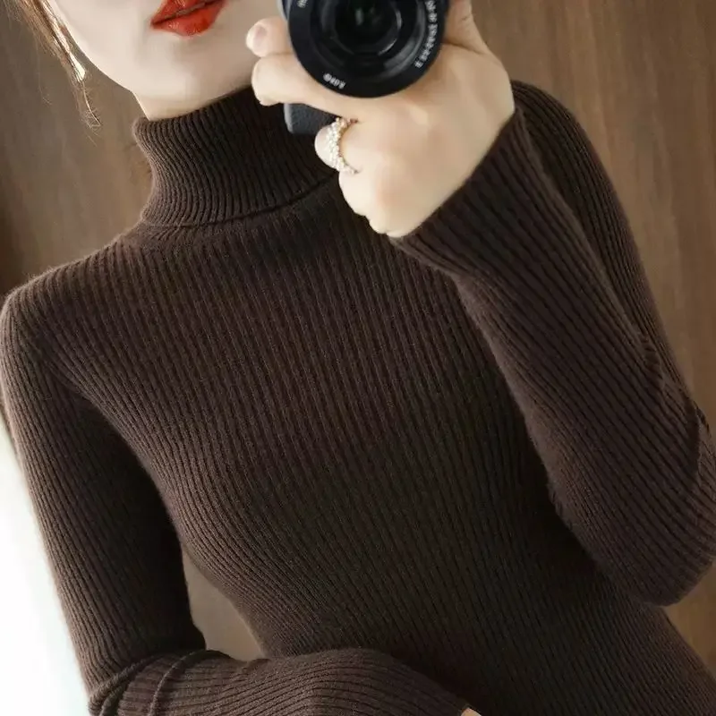 Knit Tops for Woman Turtleneck Women\'s Sweater Black Gigh Neck Jerseys Pullover White Clothes Cold Winter in Promotion Clothing