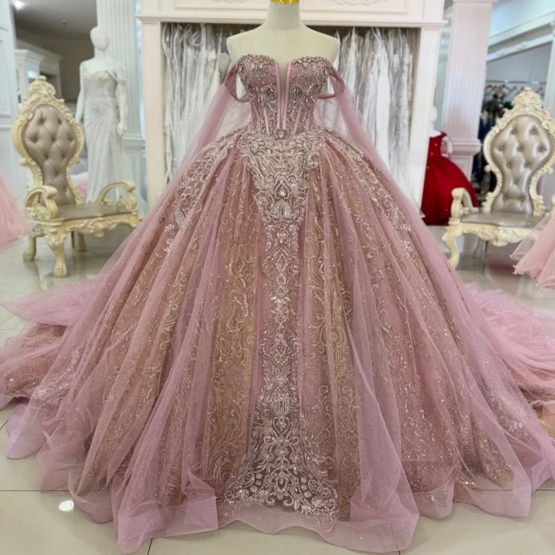 

Pink Shiny Quinceanera Dresses Off Shoulder Ball Gown Sweet 16 Dress Applique Lace Beading Crystal Corset Birthday Party Vestido