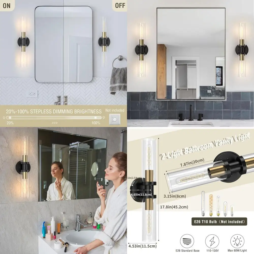 أضواء الحمام المزدوجة الخفيفة باللونين الأسود والذهبي مع شمعدانات جدارية وتركيبات نحاسية حديثة تتميز بظلال زجاجية #1