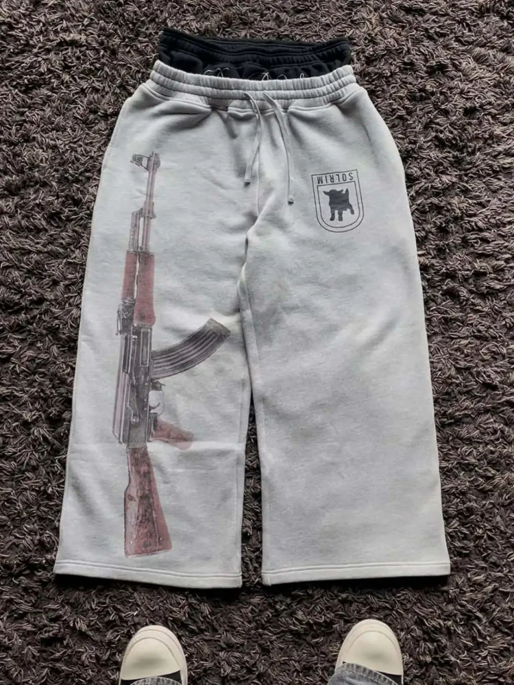 Celana kaki lebar berpinggang ganda untuk pasangan, celana kasual serbaguna gaya hip-hop Amerika yang longgar