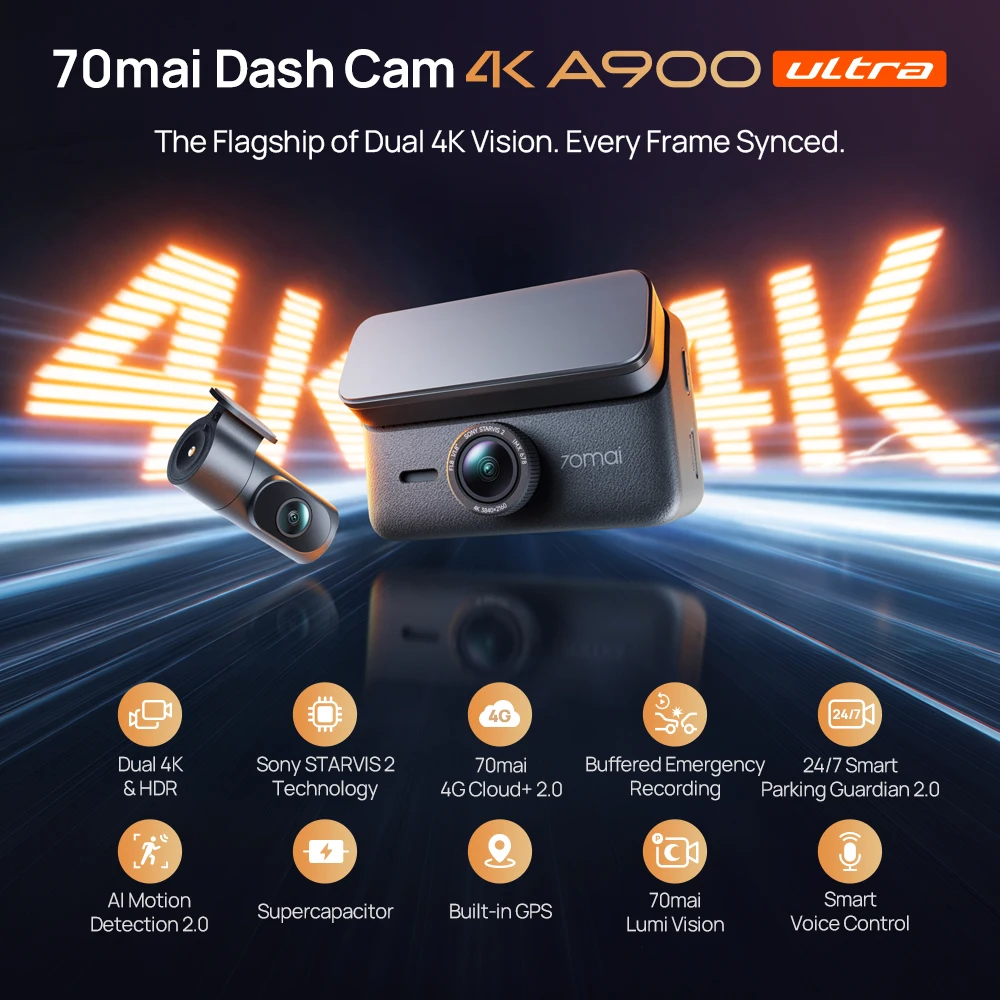 【Neu】70mai A900 Ultra Dual 4K Dashcam IMX678+IMX678 Flaggschiff-Bildsensor LVDS Superkondensator Wi-Fi 6 GPS Ermüdungswarner 4G 2.0 – Detail 1