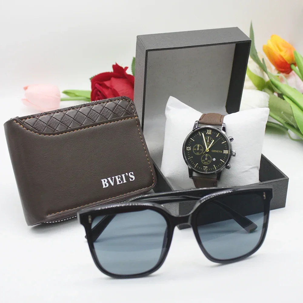 محفظة جلدية للرجال وحقيبة ساعة ، حقيبة مصمم ماركة فاخرة ، تشمل صندوق سوار لرياضة العمل ، 4 طقم