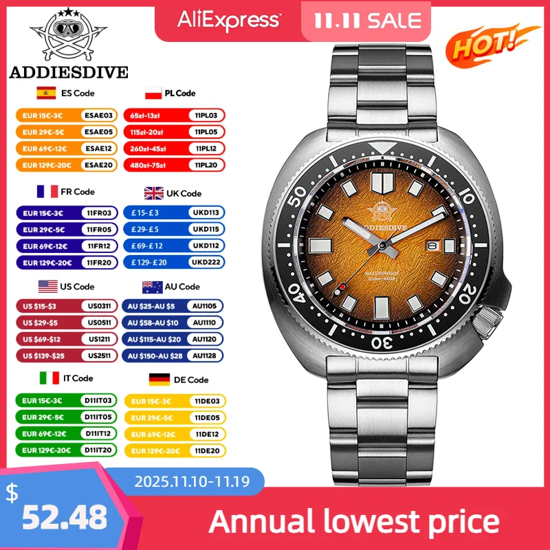 

ADDIESDIVE Watches New AD2511 Waterproof 20Bar Sapphire Glass Ceramic Bezel Quartz Watch BGW9 Luminous Stainless Men Diver Watch