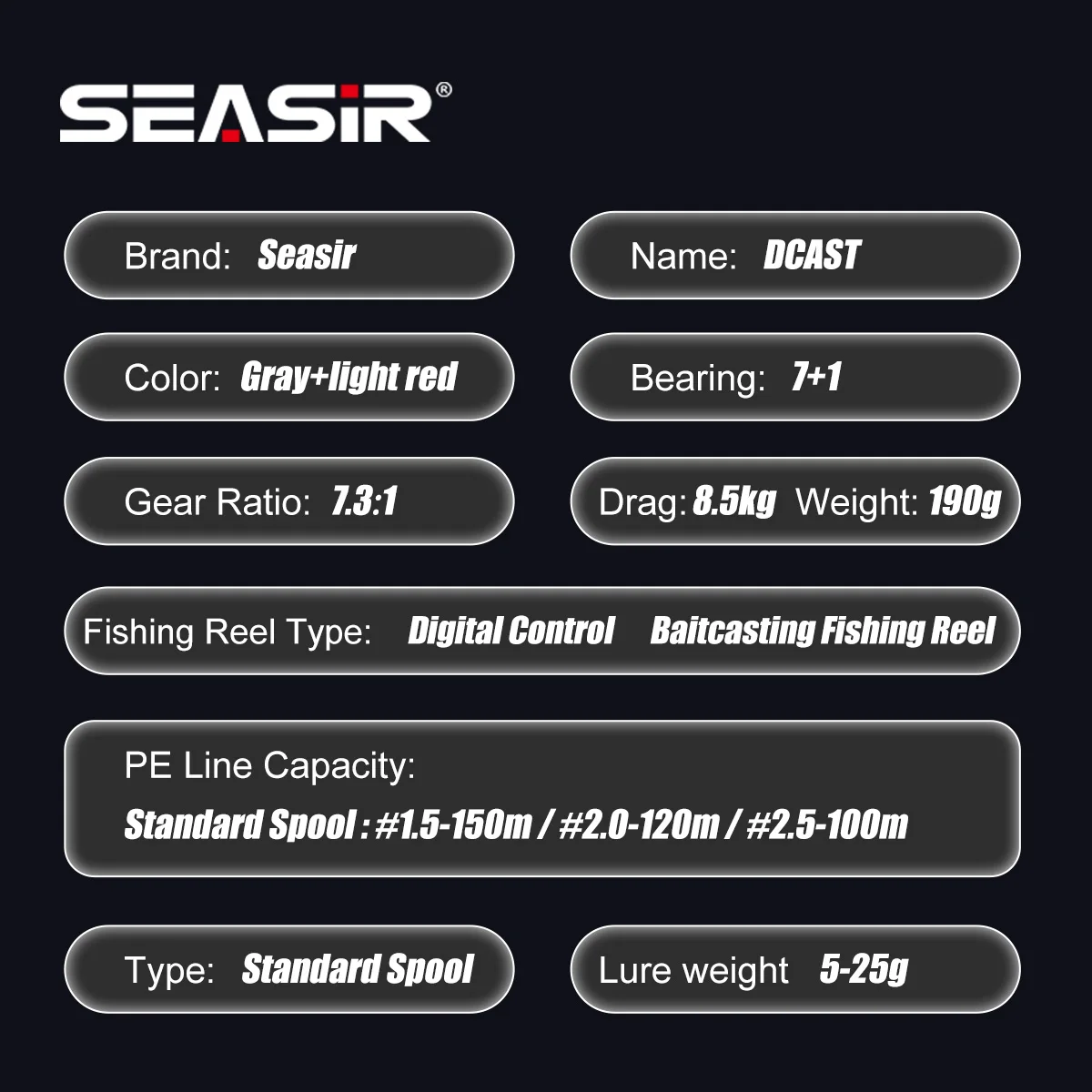 SEASIR DCAST DC Baitcasting Fishing Reel Digital Control Long Cast Carbon Washers Brass Gears 7.3:1 7+1BB Max Drag 8.5kg