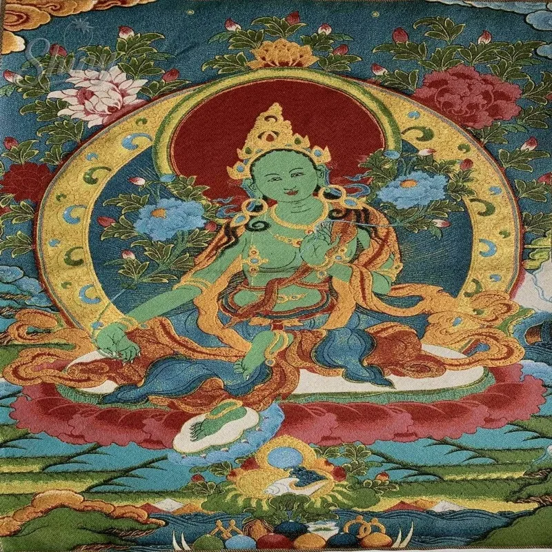 35.4″ Green Tara Statue Brocade Tibetan Tangka Embroidery Painting Gold Thread Embroidery Decorative Hanging Pictures