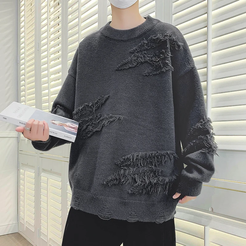 

Модный мужской вязаный свитер с бахромой, утепленный, повседневный, свободного кроя, осенне-зимний, из смесовой ткани (полиэстер, нейлон, акрил), с круглым вырезом