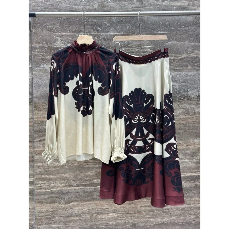 

And Beige Chain Print Skirt Sets 2025 High Quality Red Beige Chain Print Long Sleeve Lapel Blouse Tops