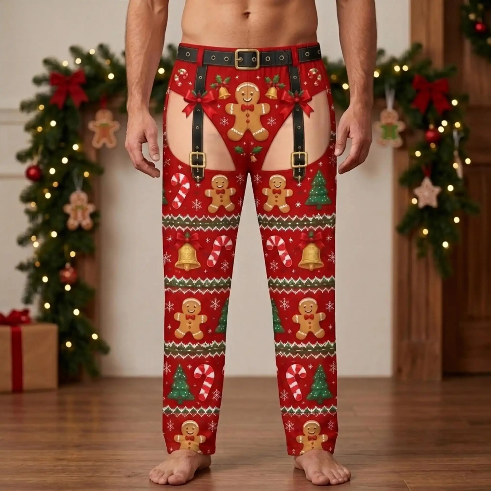 2026 New Men Christmas Pajama Pants, Funny Gingerbread Man 3D Print Split Design Sleep Trousers, Holiday Party Novelty Cosplay