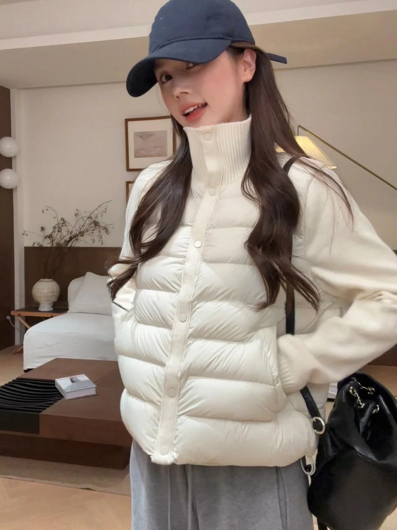 Winter Knit Pork Ribs Splicing Down Jacket Women White Duck Down Stand Collar Warm Outwears Female Single-breasted Parker Jacket