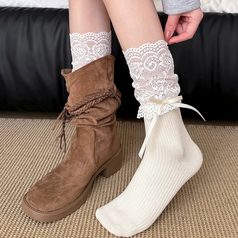 Retro-Socken mit Spitzenbesatz und Schleife, mittellange französische Socken, süße, atmungsaktive Baumwollmischung, dehnbar, bequem, rutschfest, für alle Jahreszeiten