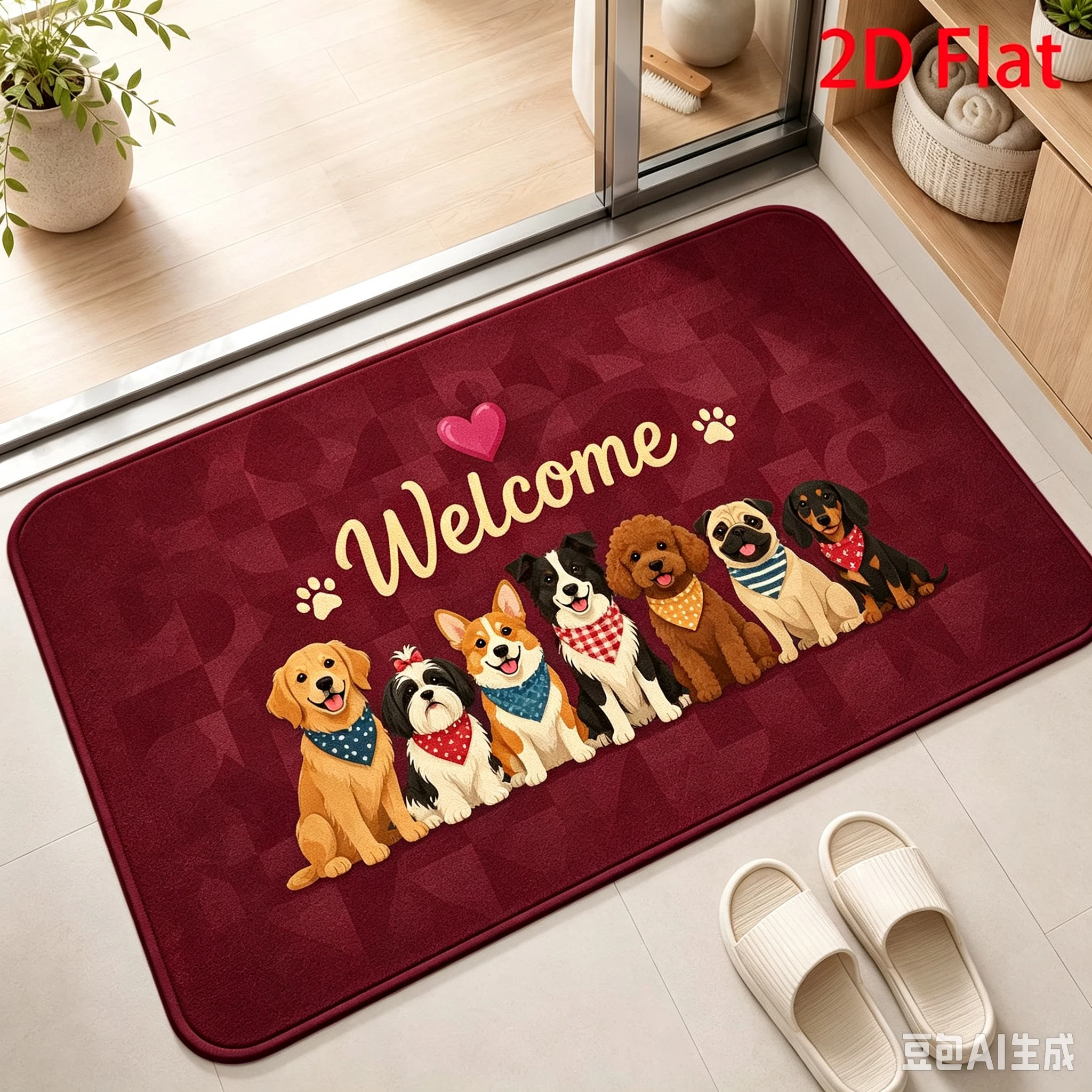 Lovely Pet Decorative Floor Mat Welcome Cute Multi Breed Dog Heart Paw Print for Home Entryway Indoor Pet Lover Home Party Decor