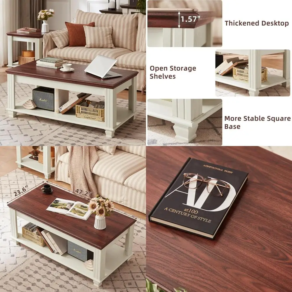 

Rustic Large Square Coffee Table with Open Storage Shelf for Living Room, Ideal for Farmhouse Style Interiors