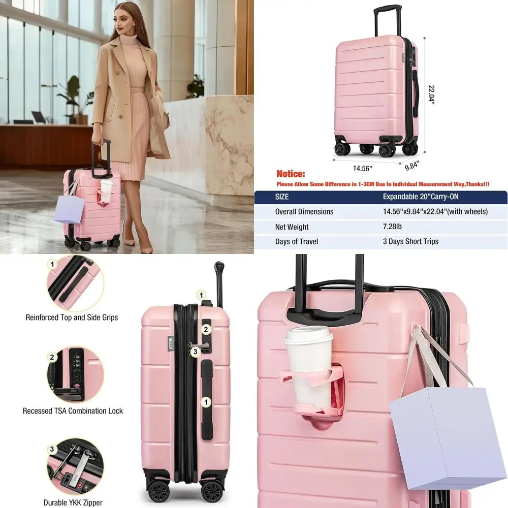 

20 Inch Expandable Hardshell Carry-On Suitcase with TSA Lock and Cup Holder for Women's Travel